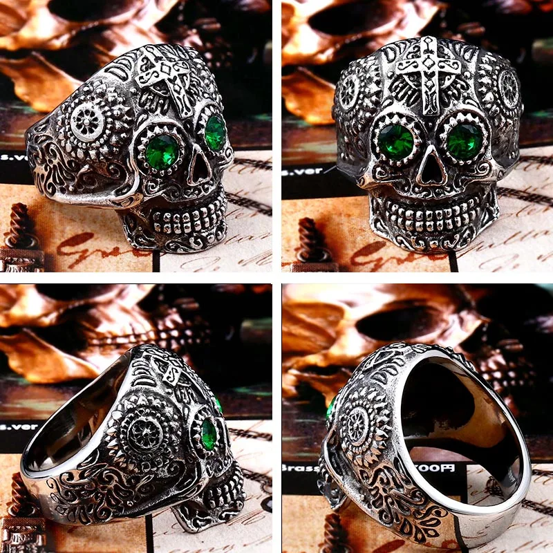 Stainless Steel Gothic Gold Color Carving kapala skull Ring for men BR8-327 gold color rings,stainless steel ring,finger ring,gold color ring