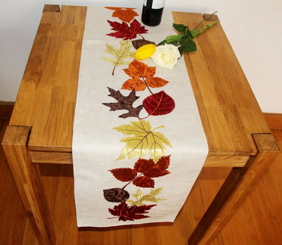 Hot Selling Applique leaf Elegant Design Polyester Embroidery Table Runner poly linen