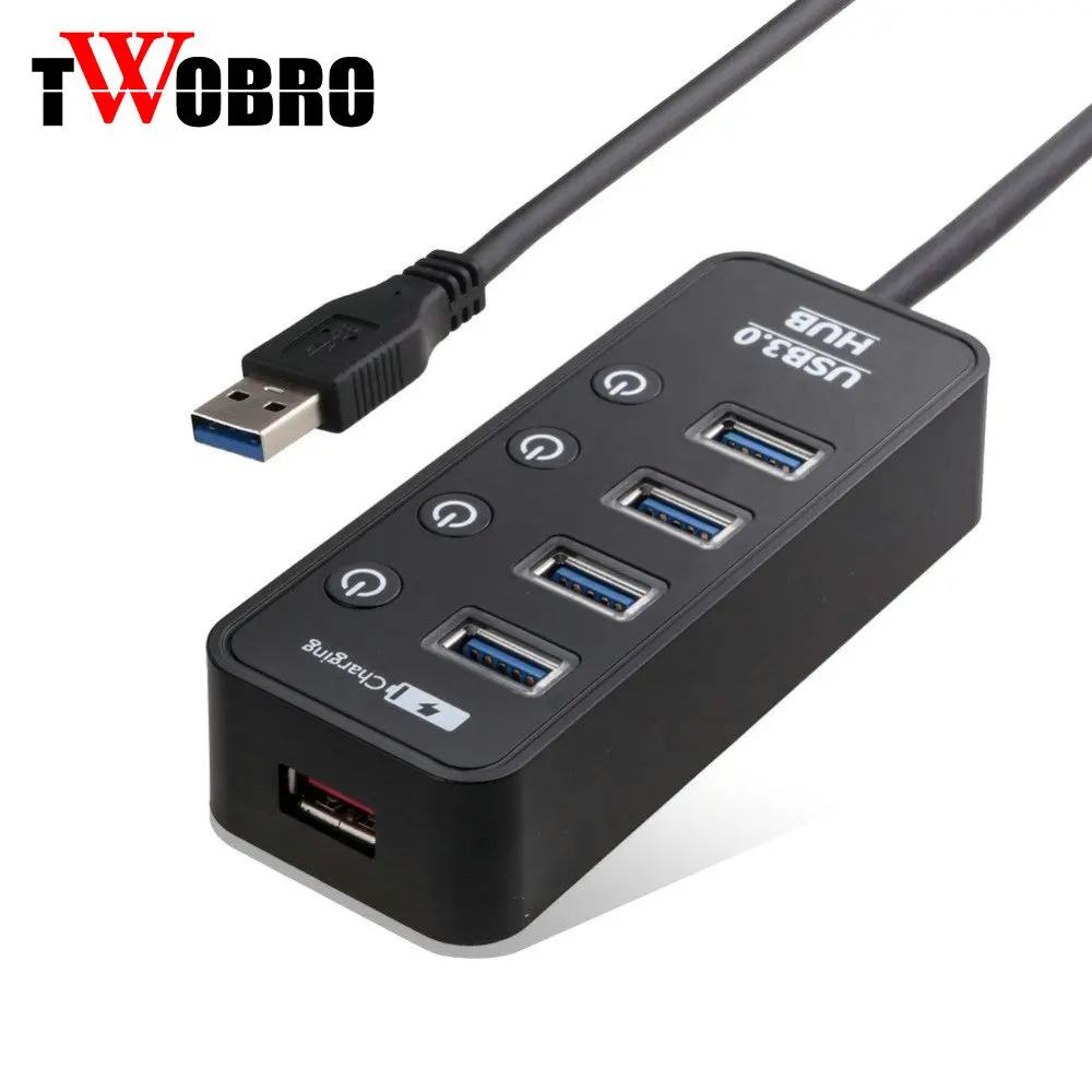 High Speed 4 Port USB 3.0 Hub with switch + 1 Charging Ports (Black) On