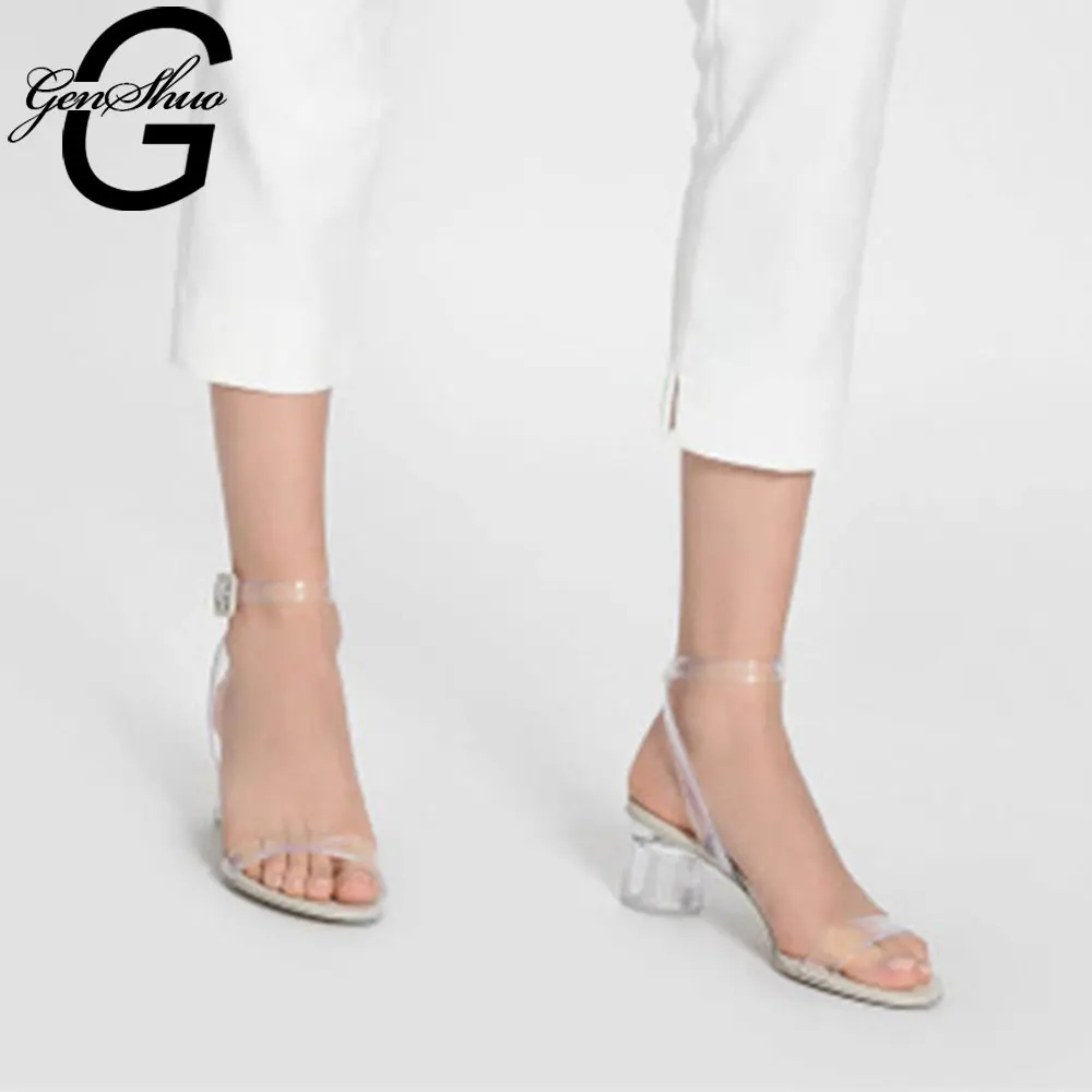 

GENSHUO 2019 Summer Women Clear Square Heel Sandals High Heels Ankle Buckle Strap Female Fashion Dress Woman Sandal Shoes Woman