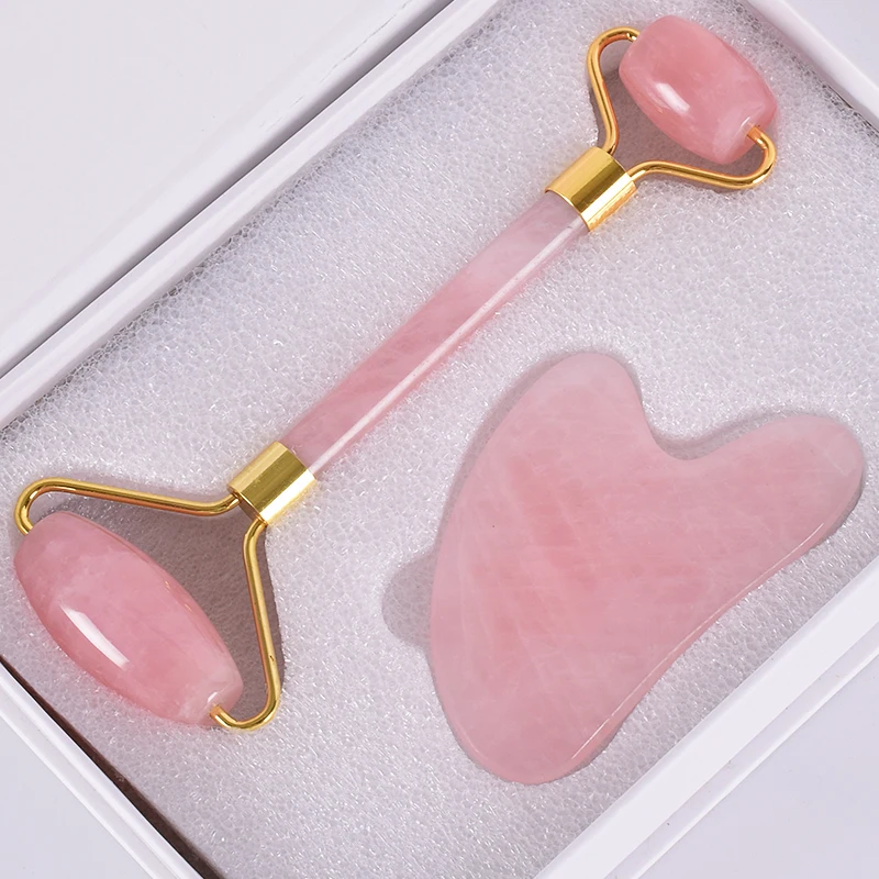 Jade Roller Gua Sha Tool Set Acupuncture Scraping Natural Rose Quartz Face Massage Slimming Anti Wrinkle Cellulite Neck Gift Box