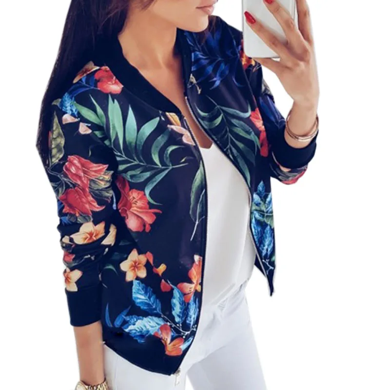 Brand Women Jackets Spring Autumn Coats Cotton Blue White Flowers Print