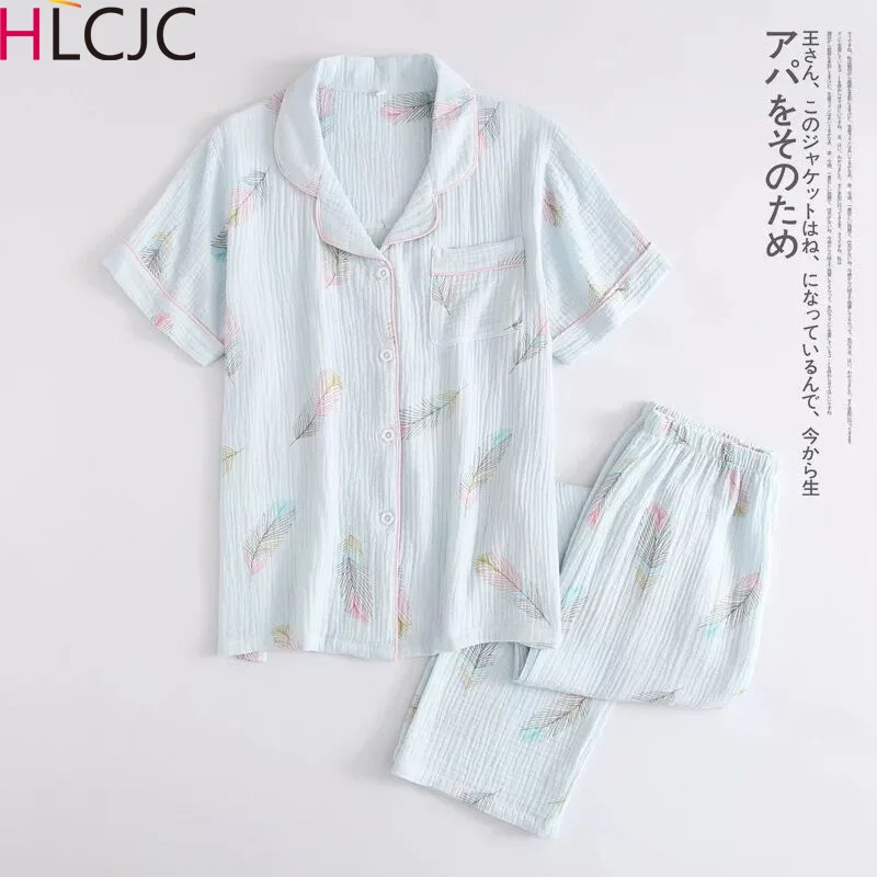 

New Cotton Crepe Short Sleeve Long Pants Pajamas For Women Turn-down Collar Feather Print Full Length Pajama Set Home Pijama