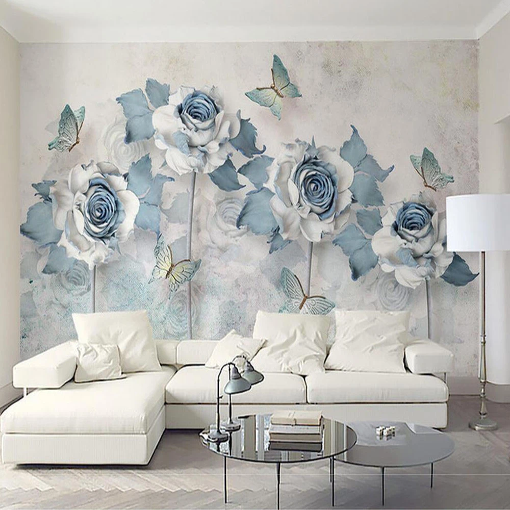 blue flower mural wallpaper 3d papel para pared murales para pared nonwoven  wallpaper for sofa tv backsplash fabric wall papers|Giấy dán tường| -  AliExpress
