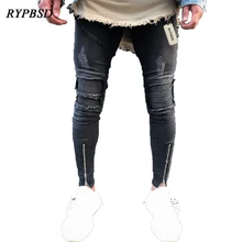 2017 Fashion Streetwear Hip Hop Jeans Zipper Hole Destroyed Skinny Ripped Jeans for Men Black Pleated Moto Biker Pants Designer
