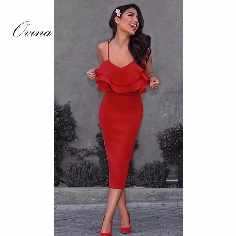 

3 Color Strapy Sleeveless Cascading Ruffles Slitted Mid Calf Bodycon Bandage Women Dress