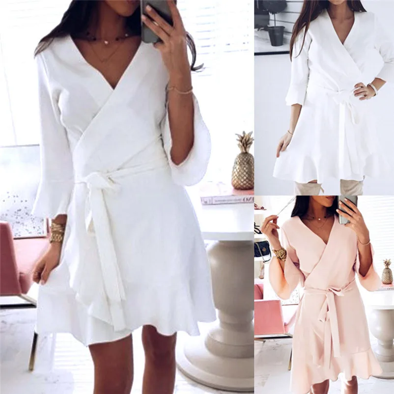 Fashion dress women Autumn Winter 2018 Ladies elegant Long Slevel V Neck Lace Up Mini Dress Party Boho Dress vestido O04#N (8)