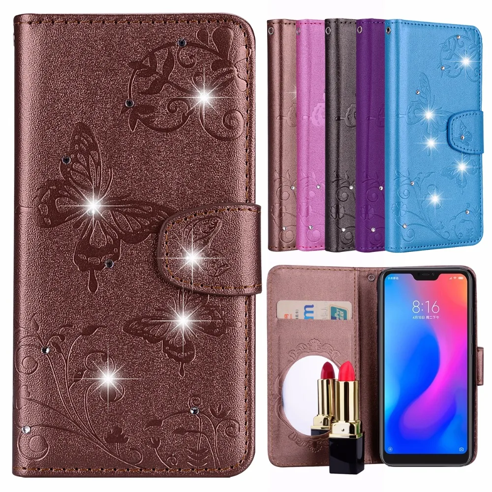 

Jewelled Case For Xiaomi Redmi 6 Pro Mi A2 Lite Phone Bag mia2 Funda Luxury Makeup Mirror Bling Butterfly PU Flip Leather Cover