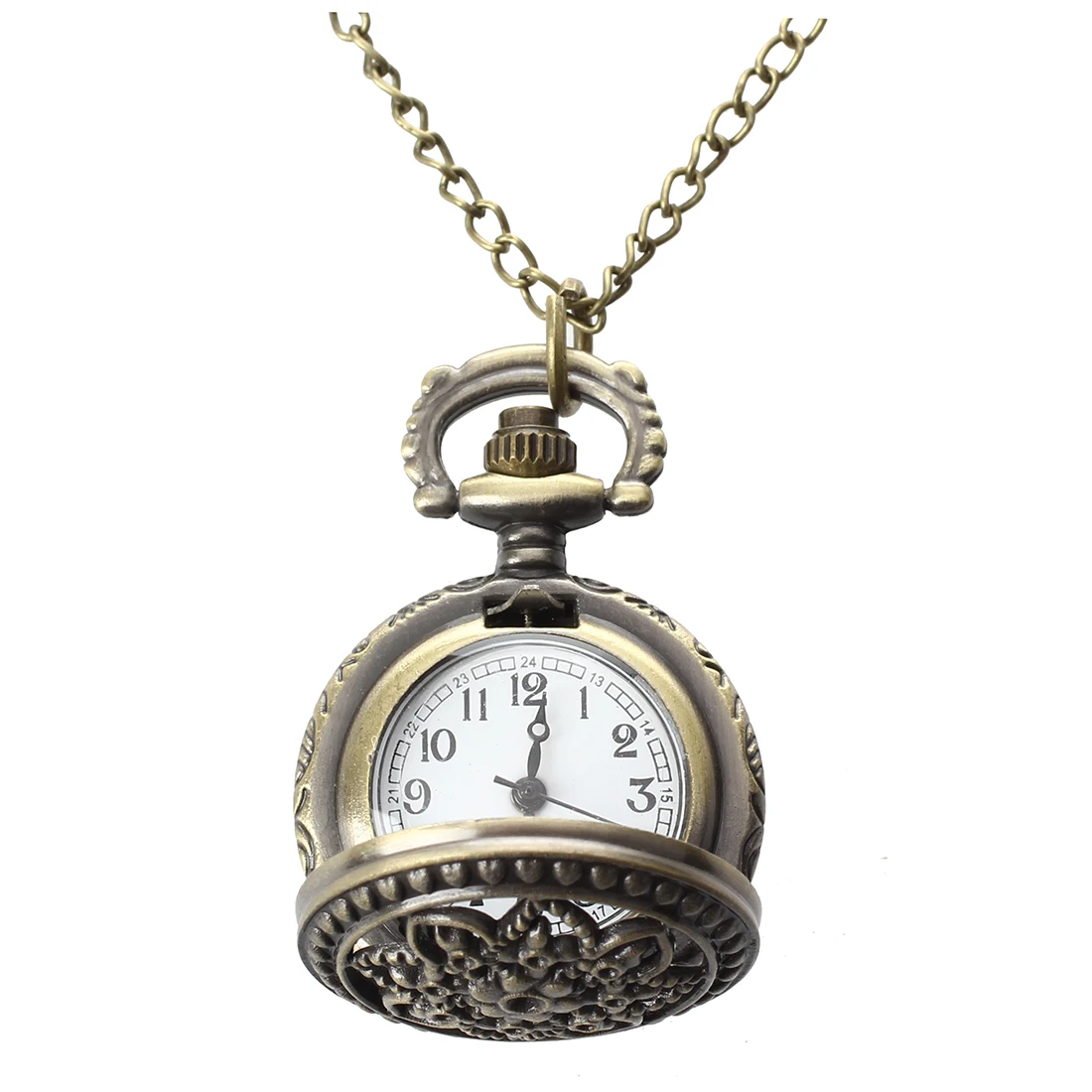 

Quartz Pendant Pocket Watch Chain Vintage Bronze Arabic Numeral Hollow Flower