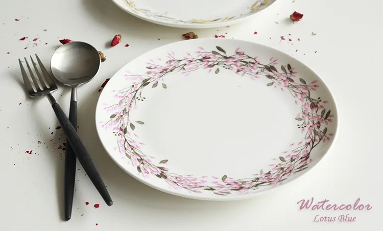 Столовая посуда, тарелка из костяного фарфора, глазурованная цветочная гирлянда, печатные тарелки для стейков, простая милая посуда, высокое качество, желтый, розовый