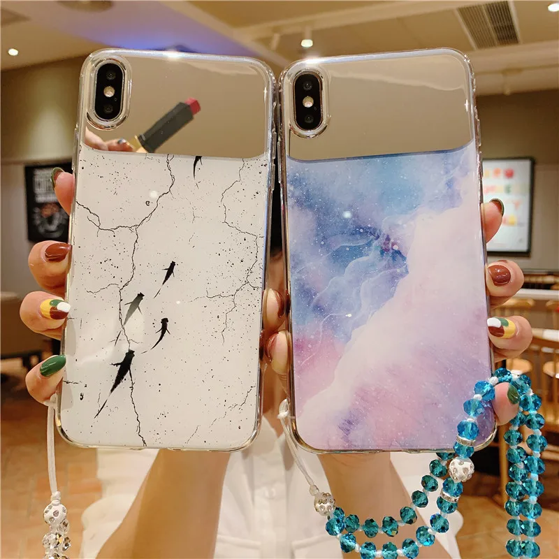 

Marble Mirror Phone Case For OPPO Realme 2 3 Pro C2 A1k X K3 Reno 5G Reno-Z Cases Lanyard Soft Silicone back Cover Coque