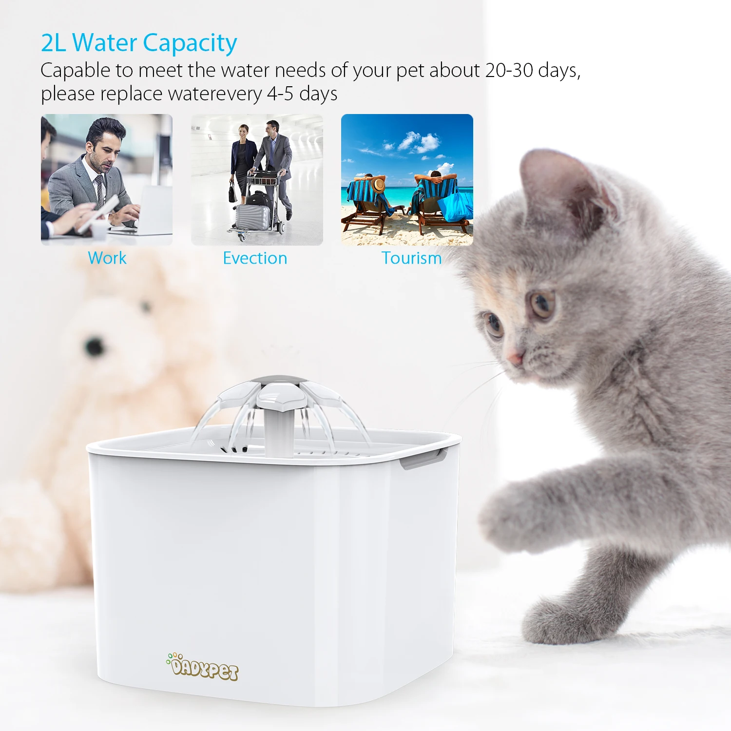 Dadypet Электрический водяной фонтан для домашних животных, чаша для воды с автоматическим циклом, с фильтром, 2л, фонтан для кошек, собак, птиц, 2 Вт