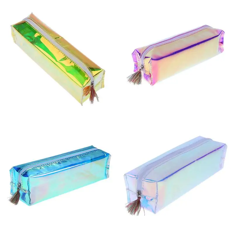 Cool Plastic Pen Bag Zipper Pencils Case Cosmetic Storage Travel Makeup