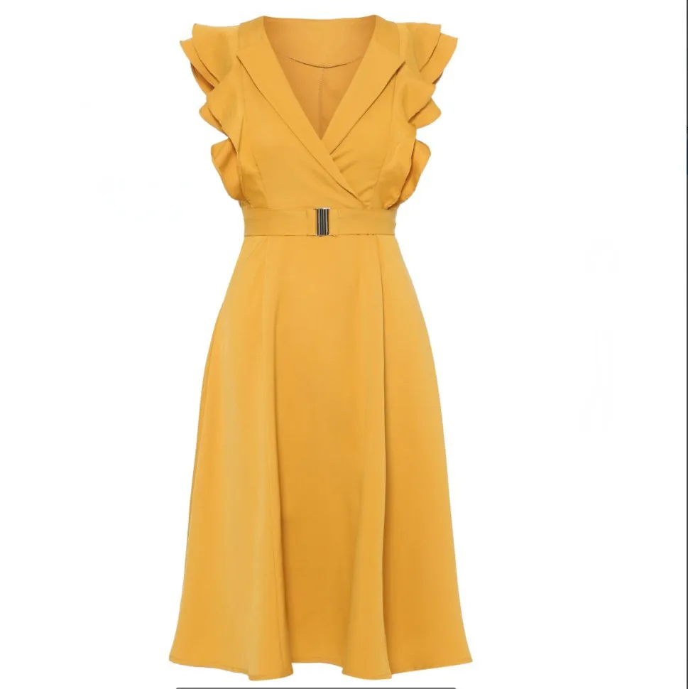 

Yellow Dress Women Pleated Sleeveless Wave Cut Lace-up Sweet Party Dress Summer 2019 Double-layer Elegant Vintage Dress Clothes