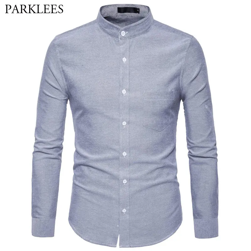 Men's Hipster Mandarin Collar Slim Fit Oxford Dress Shirt 2018 Autumn New Long Sleeve Button Down Casual Shirt for Business Man