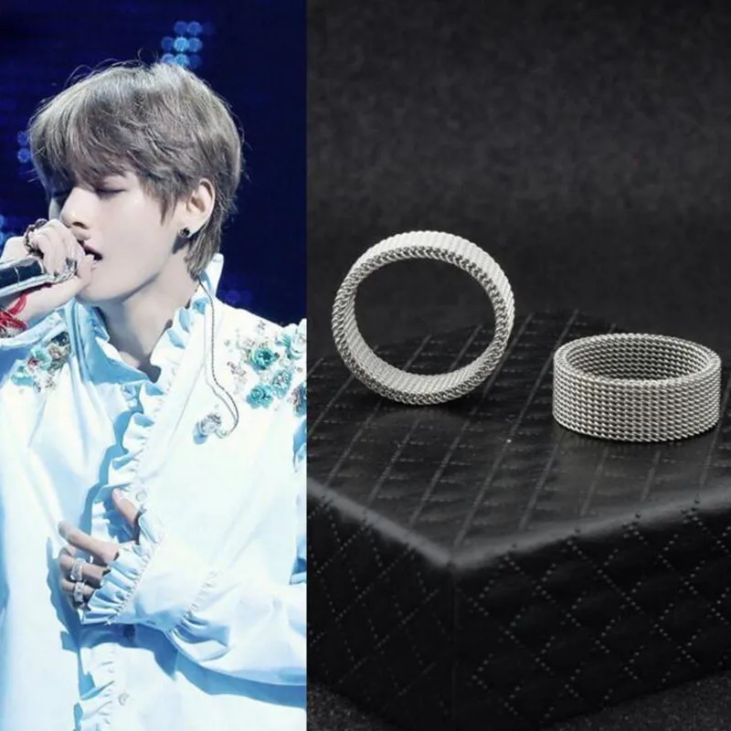 BTS Bangtan Boys Ring K-POP Rings Grid pattern Ring for Men and Women Female Male Boy Girl Stainless Steel Band Ring
