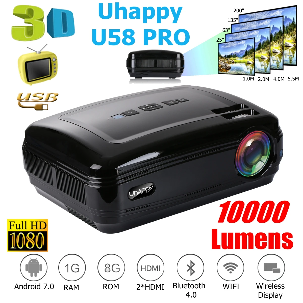 10000 Lumens 1080P Mini Projector 3D LED Home Cinema Theater Projector TV/\\AV/VGA/HDMI Beamer For Home Theatre Movie