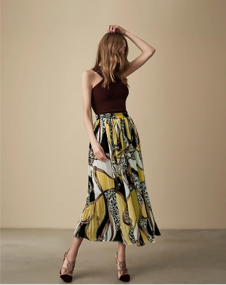 

2019 New Arrival Streetwear Style Midi Pleated Print Skirt Women Elastic Waist Yellow Chiffon Skirts Womens High Quality Faldas