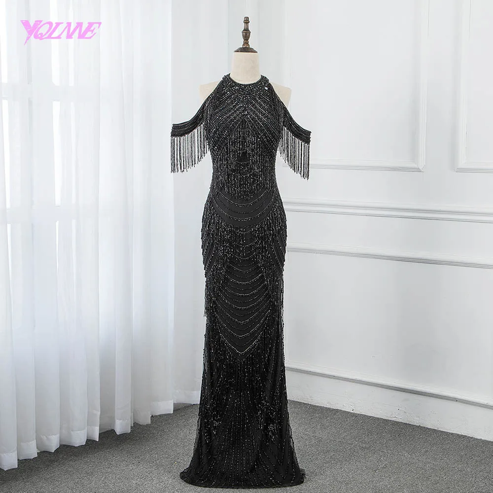 Потрясающее Черное вечернее платье со стразами Длинные Пышные Платья с кисточками платья с юбкой-годе Robe de Soiree YQLNNE