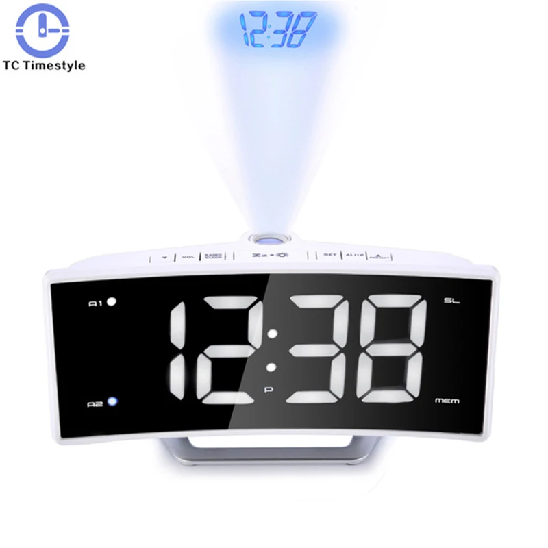 

Arc Radio Projection Alarm Clock Desk Large LED Mirror Watch Electronic Digital Luminous Table Clocks USB Charging Function