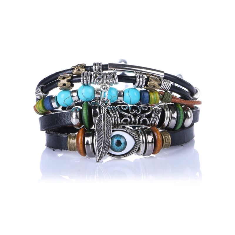 

Fashion Tibet Stone Feather Multilayer Leather Bracelet Eye Fish Charms Beads Men Bracelets Vintage Punk Wrap Wristband Gifts