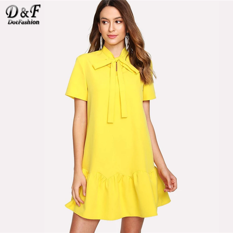Dotfashion Tied Neck Solid Ruffle Hem font b Dress b font Summer Short Sleeve Stand Collar