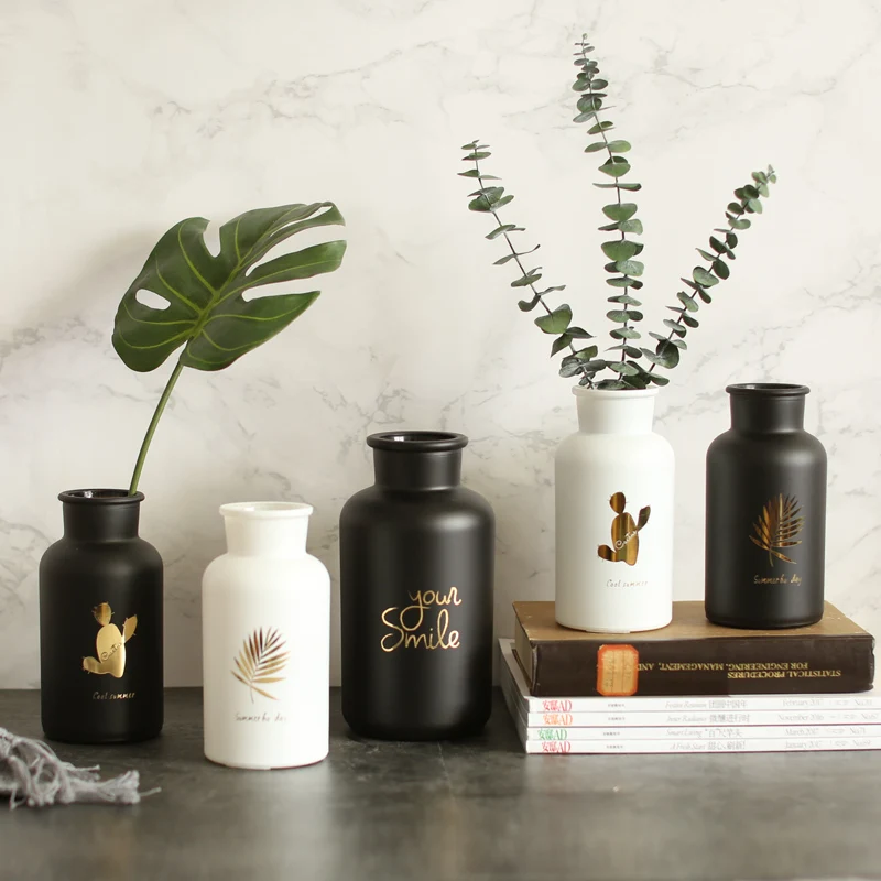 1pc Nordic Design Frosted Glass Vase High Quality Flower Vase with Gold