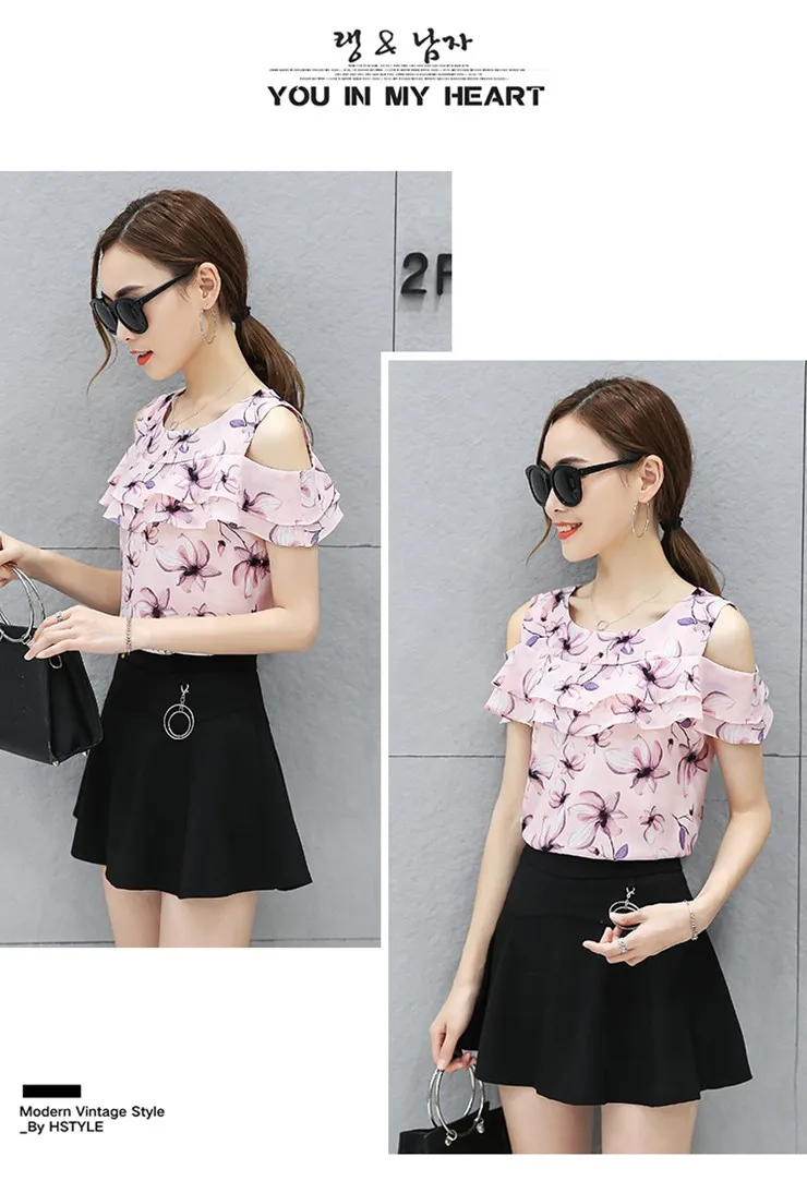 Blusas Femininas 2018 Women Open Shoulder Tops Female Casual Short Sleeve Chiffon Blouses Print Floral Shirts Ladies Tops (3)