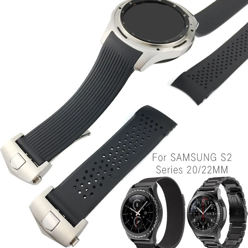 

20 22mm Rubber Silicone Watch Strap Black Waterproof Folding Buckle Watchband Suitable for Sam Sung S2 Series Watch Accessories