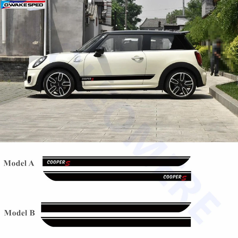 Для BMW MINI CooperS F55 F56 F54 R55 наклейки для боковой юбки автомобиля Аксессуары для кузова подходят на 3-5 дверей Спортивные полосы наклейки