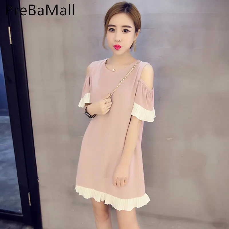 Casual Summer Dress Women Vintage Off Should Dress Sweet Ruffles Short Sleeve Pleated Female Slim Dress Vestidos Plus Size C188