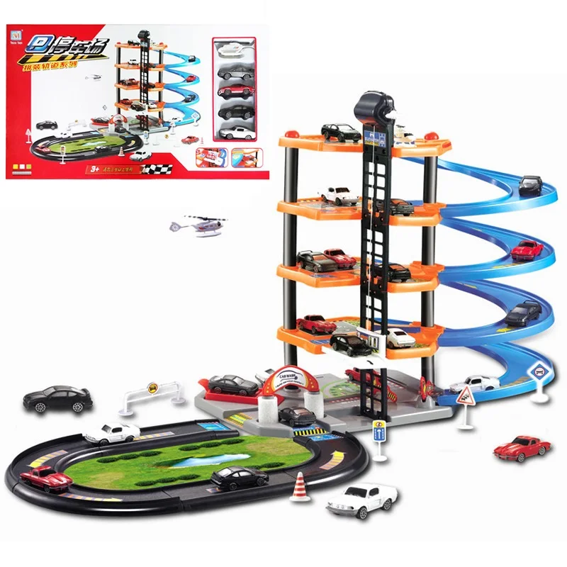 

Large size track toy for children Parking lot rail car Four layer DIY alloy rail car box