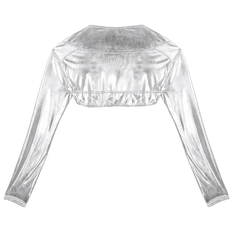 Women Shiny Metallic Long Sleeves Open Front Shrug Bolero Short Crop Cardigan Top Wrap for Stage Performance Aerial or Rave