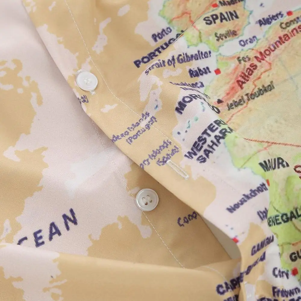 Летняя мужская Повседневная рубашка с принтом карта мира на пуговицах, топ, красивая блузка, camisa masculina hombre, Прямая поставка D