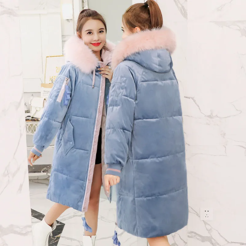 

2019 Winter Thick Cotton Padded Jacket Women Parkas Coats New Gold Velvet Hooded Long Outerwear Large Size Female Clothes AA937