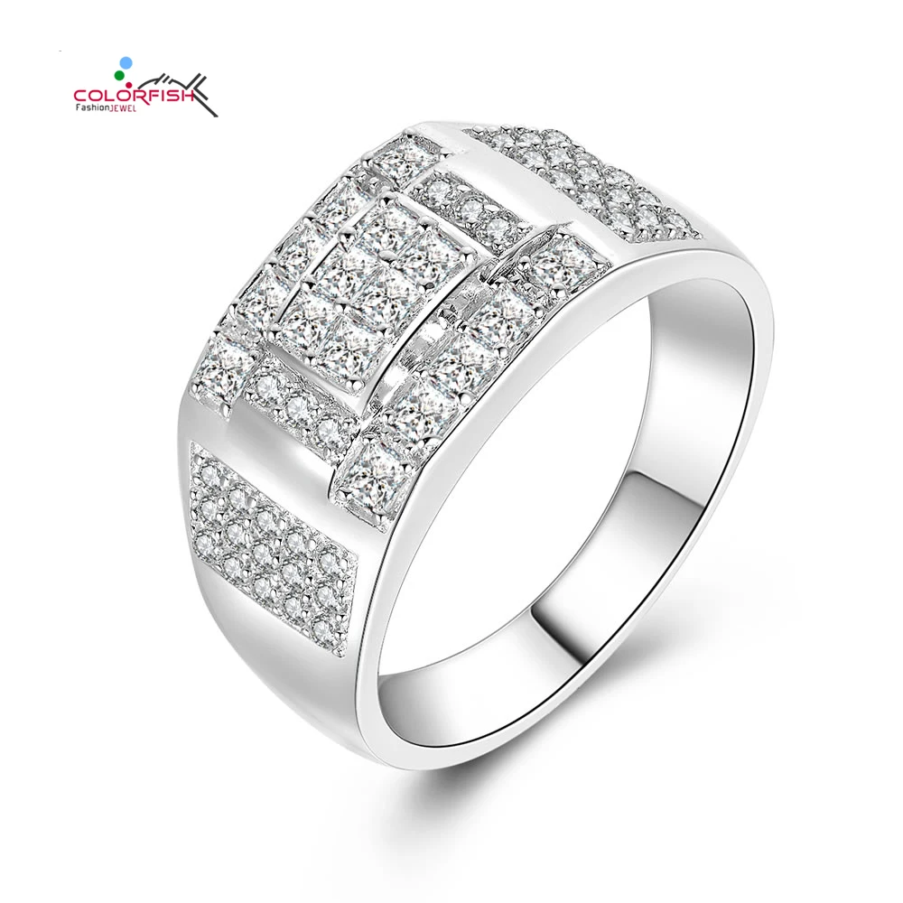 

COLORFISH Men's Solid 925 Sterling Silver Engagement Rings Multi-Shape Prong Set Princess And Round Cut Cubic Zirconia Ring