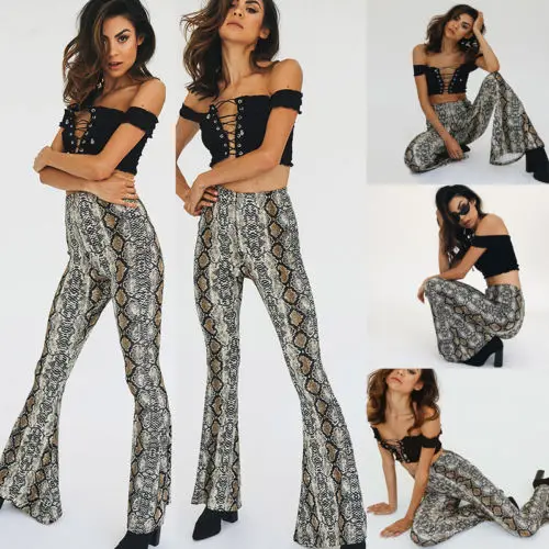 

2017 Women's Trouser Fashion Sexy Snake Skin Python Print High Waist Stretchy Bell Bottoms Pant S-XL