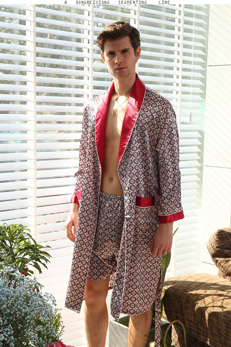 Новый роскошный пеньюар мужские принт плюс Размеры халат с шорты 2 предмета шелковые пижамы кимоно дома Ванна платье Лето Мужская Ночная