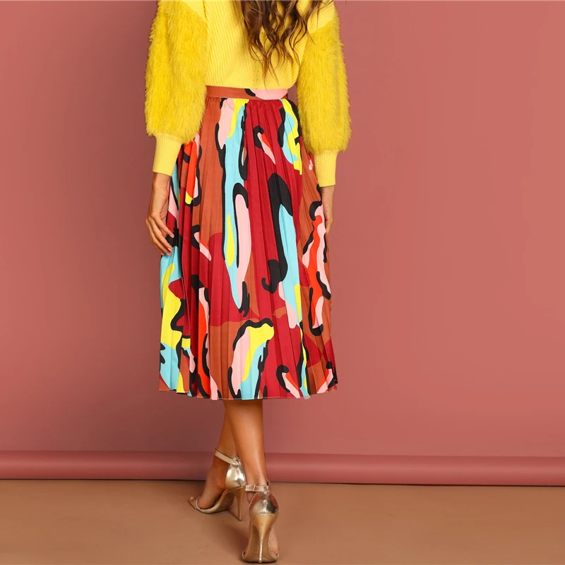 SHEIN, многоцветная плиссированная длинная юбка с графическим принтом и высокой талией, Женская Осенняя коллекция, повседневные цельнокройные юбки