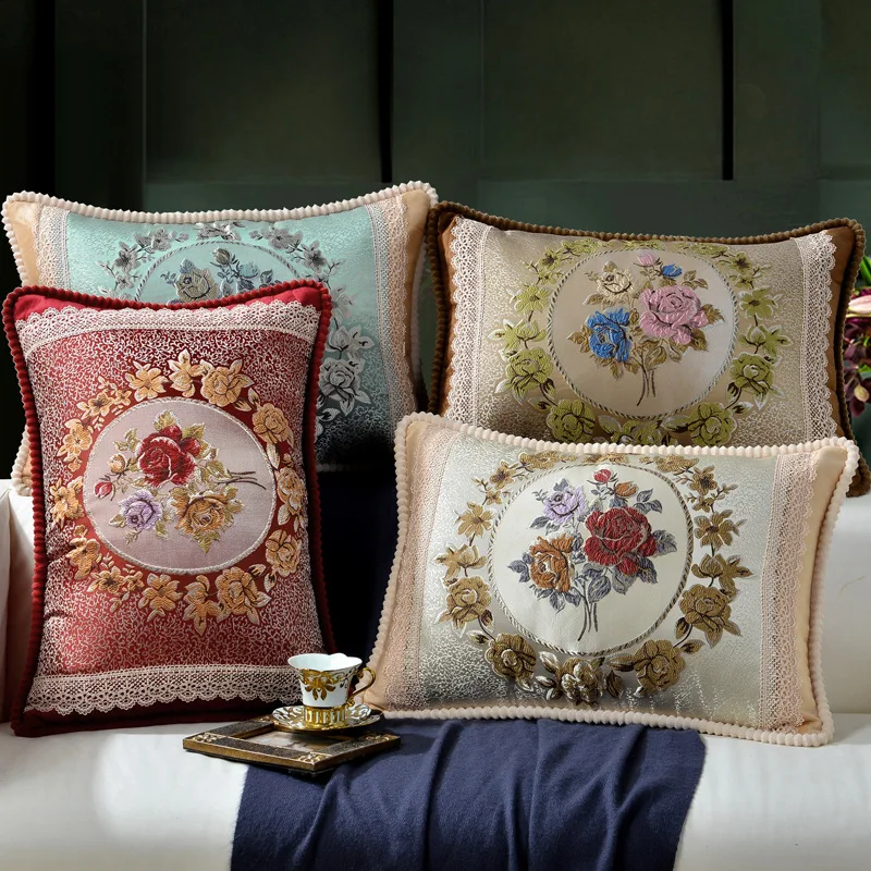 

48x68cm European Jacquard Floral Pillow Cover For Car Sofa Luxury Rectangle Decoration Waist Cushion Cover New House Gifts