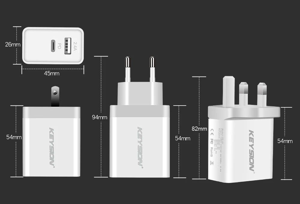 Keysion 30 Вт USB PD Зарядное устройство быстро Зарядное устройство Тип c Мощность 2 Порты Путешествия стены быстрое Зарядные устройства для iPhone X 8 8 плюс MacBook EU/US