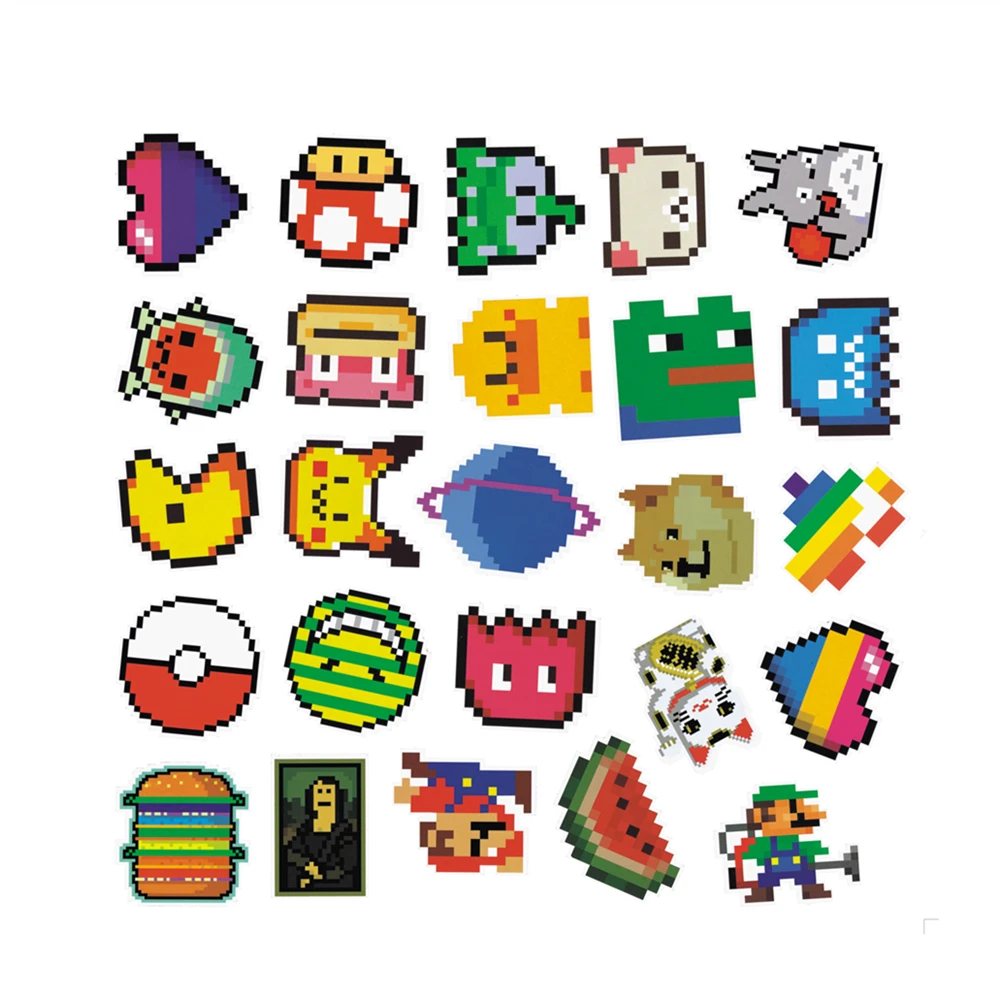 25pcs a bag Pac Man shaped stickers No repeat Pvc Waterproof funny Stickers about Pixel Mosaic