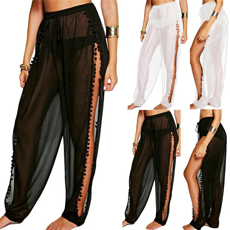 

Womens Sexy Beach Chiffon Mesh Perspective Pant Split Loose Bikini Cover Up Swimwear Trousers