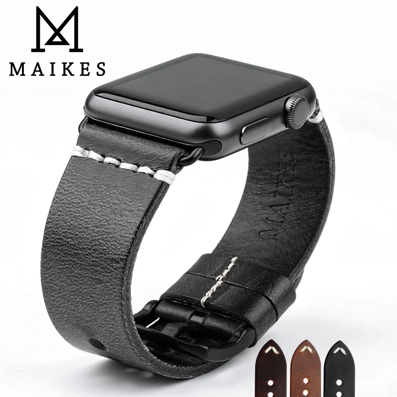 MAIKES Винтаж масло воск кожаный ремешок для наручных часов Apple Watch, ремешок 42 мм, 38 мм, версия/44 мм 40 мм серии 4/3/2/1 наручных часов iWatch, черный браслет ремешок для часов