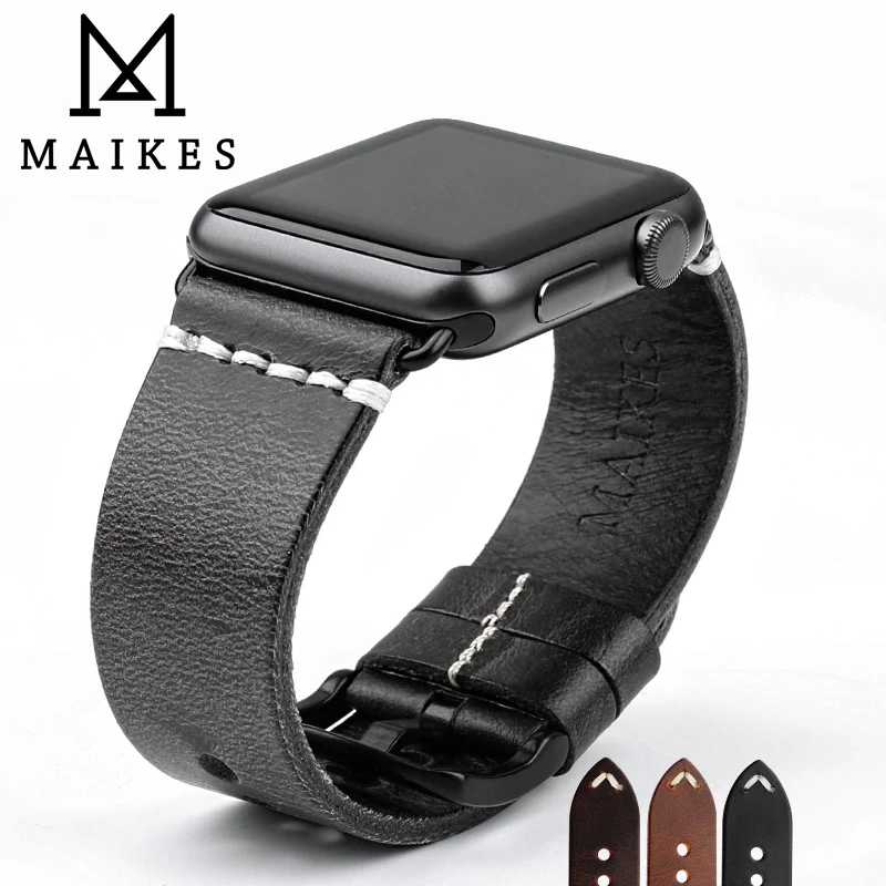 MAIKES Vintage Oil Wax Leather Strap For Apple Watch Band 42mm 38mm / 44mm 40mm Series 4/3/2/1 iWatch Black Bracelet Watchband