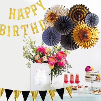

8pcs Black Gold Paper Fans Flower Foil Gold Star Bunting Garland Kids Happy Birthday Party Decoration Baby Shower Party Supplies