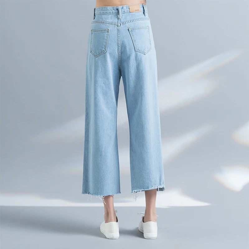 Удобные свободные широкие брюки женские вымытые прямые джинсы Высокая талия длиной до щиколотки брюки НЕОБРАБОТАННАЯ кромка карманы Винтаж