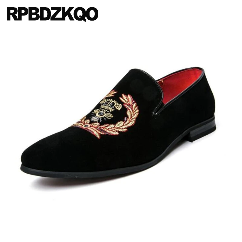 Embroidery Loafers Casual Black Velvet Mens Floral Embroided Slip On Cheap Large Size Rubber Pointed Toe Designer Flower Shoes | Обувь