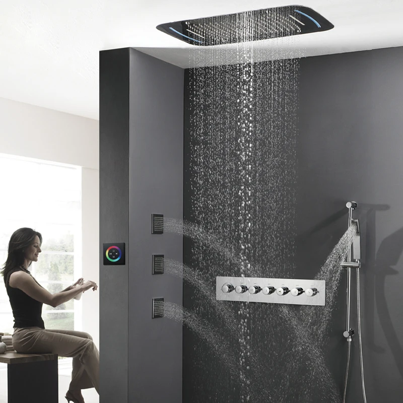 Bathroom Shower Set Thermostatic B Shower Faucets LED Ceiling Rainfall Showerhead Misty Waterfall Rain Shower With Slide Bar