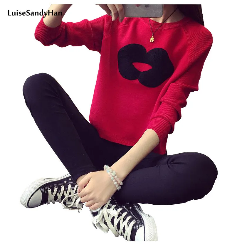 

Soft Wool Plus Size Pullover 2019 Autumn Korean Women Casual Lips Fashion Print Sweater Ladies Leisure Tops